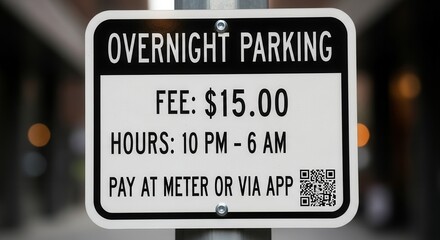 Overnight Parking Fee Sign Illustrating Regulations In Urban Environments And City Parking
