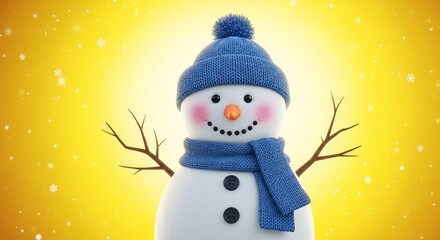 Cheerful snowman with a blue hat and scarf smiles in winter wonderland