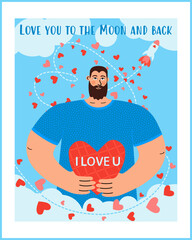 Valentine's card featuring a man holding a heart, a love rocket flying around, and the phrase "Love you to the moon and back". Trendy card design perfect for love greetings and romantic messages.