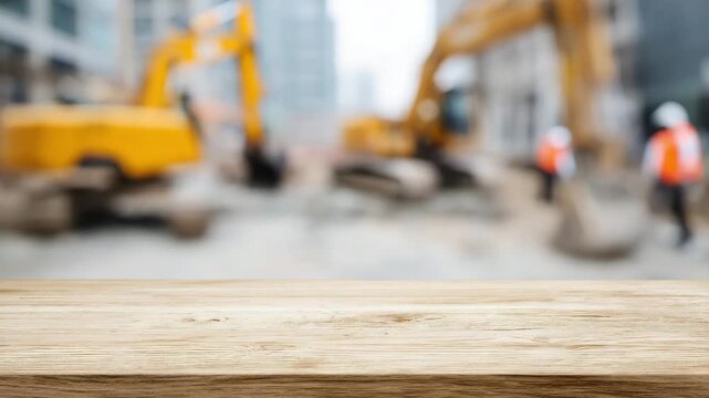 Yellow excavators and workers on a blurred construction site with wooden table foreground
