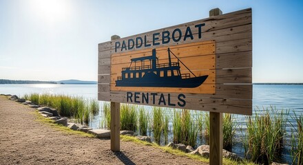 Paddleboat Sign By The Lake, Perfect Summer Recreation And Beautiful Scenery