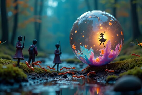 Ant colony teamwork: Close-up of ants collaborating to transport a fallen leaf. Starlit dance: Silhouette of a twirling dancer against a sky filled with stars. Floating in a dream.