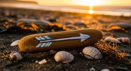 Painted Arrow Sign On Beach Wood During Golden Hour Near Ocean and Seashells