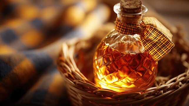  close up of a no-name whisky bootle of rich amber liquid resting in a cute basket 