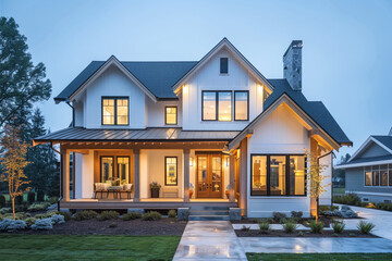 Modern Farmhouse at Twilight with Cozy Porch Lighting
