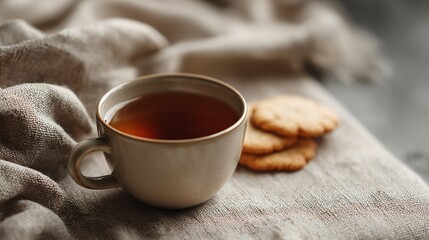 Warm tea with almond biscuits on a linen tablecloth, minimalist cozy vibe