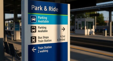 Park And Ride Signage Guiding Commuters To Train Station With Parking Amenities