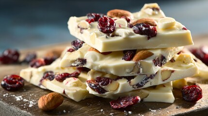 White chocolate bark with cranberries and nuts, soft shadows, natural daylight