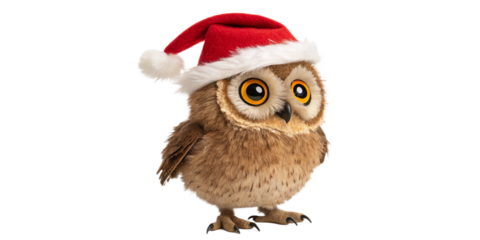 A super cute, stylized cartoon owl standing on a png background. Owl has a plump, rounded body covered in soft, textured brown feathers with subtle shading for depth and fluffiness. 