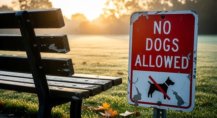 Park Bench With No Dogs Allowed Sign During a Beautiful Golden Sunrise Morning