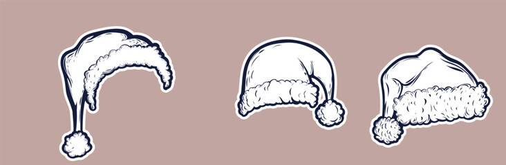A vibrant vector set featuring white Christmas hats, each rendered as a bright, cheerful sticker. These graphics perfect for holiday greetings, seasonal social, or digital scrapbooking.