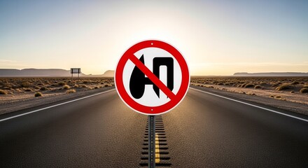 Prohibited Route Sign Placed Against A Majestic Desert Road At Sunset