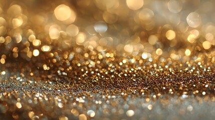 Close up of sparkling golden glitter particles creating a festive shiny texture background