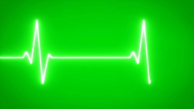 Neon Heartbeat Line on Green Screen - This video displays a bright, white neon-style heartbeat line with fluctuations against a vibrant green screen background.