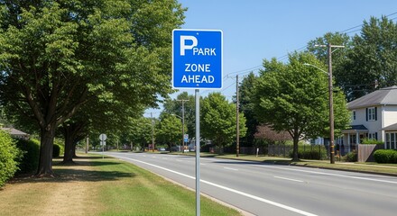 Park Zone Ahead Sign Along a Suburban Road on a Sunny Day, No Cars Present