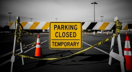 Parking Area Closure Sign Symbolizing Temporality, Barricades, And Roadway Restriction