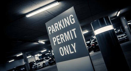 Parking Permit Only Sign In A Dark Parking Garage Interior At Night