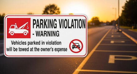 Parking Restriction Sign Displays Towing Warning with Street Sunlight During Golden Hour