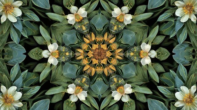 Botanical kaleidoscope pattern with white flowers and green leaves