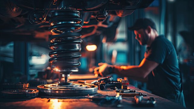 A mechanic works on a vehicle's suspension system in a dimly lit workshop, showcasing tools and parts in action.