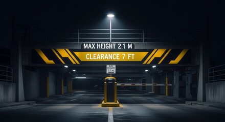 Parking Structure Entrance Sign Illustrating Height Restriction During Twilight Hours