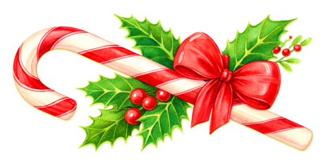 A hand-drawn style Christmas candy cane with bold diagonal stripes in deep red and creamy white slightly rounded edges on a png background. Glossy red satin ribbon bow tied neatly around the middle.