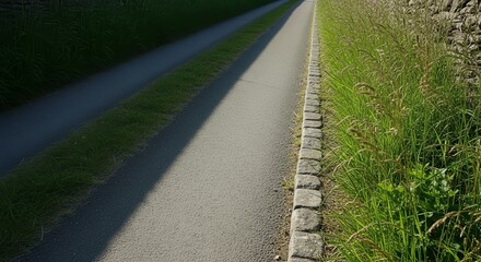 Pathway With Sunlight And Vegetation, Serene Nature Scene, Peaceful Summer Atmosphere