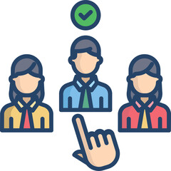 Human Resources Selection Process Illustrated With Three Figures And A Hand Cursor Pointing At The Chosen Candidate With A Green Checkmark Above Symbolizing Success And Recruitment Strategy On