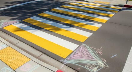 Pedestrian Crossing Pathway Marked With Bright Yellow And White Stripes For Safety on Road