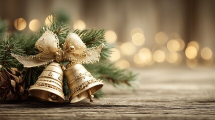 Golden Christmas Bells with Bow and Pine Branches on Wooden Surface for Holiday Decor