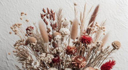 Naklejka premium Dried flower bouquet against a textured white wall
