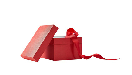 Open textured red gift box with matching ribbon for holiday celebrations
