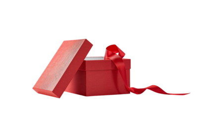 Open textured red gift box with matching ribbon for holiday celebrations