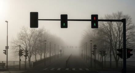 Pedestrian Crossing Signal in Foggy City Road Creating Atmospheric Ambience