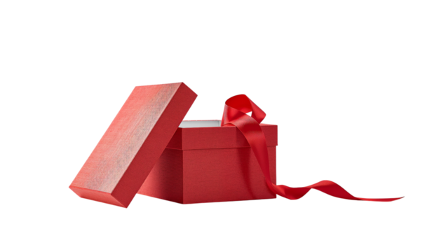 Open textured red gift box with matching ribbon for holiday celebrations