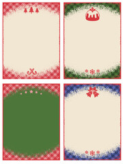 Set of vintage Christmas backgrounds with old paper texture and snowflake corners in red, green, and blue colors for text or design