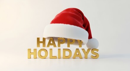 Celebrate happy holidays with festive red Santa hat and golden letters