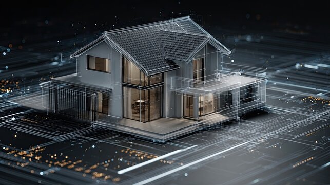 A futuristic house design featuring wireframe blueprints overlaid on a digital landscape, showcasing modern architecture and technology. - Powered by Adobe
