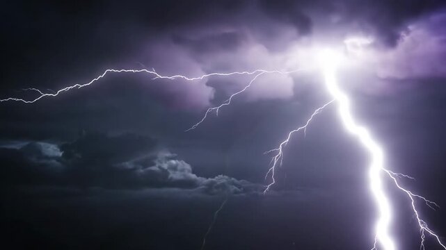 Lightning Strike Over Dark Sky - This striking shot shows a brilliant white lightning bolt branching across a dramatic, dark cloudy sky.