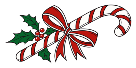 A festive, hand-drawn Christmas candy cane with bold diagonal stripes in deep red and off-white with rounded edges & gentle curve, velvety red satin bow tied neatly around middle on a png background
