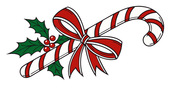 A festive, hand-drawn Christmas candy cane with bold diagonal stripes in deep red and off-white with rounded edges & gentle curve, velvety red satin bow tied neatly around middle on a png background