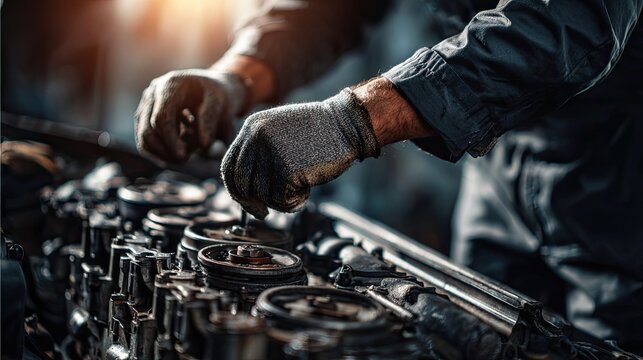A mechanic works on an engine, adjusting components with gloved hands, surrounded by tools in a well-lit workshop.
