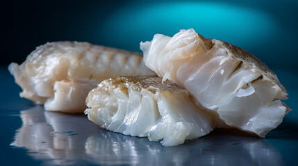Close-up of raw fresh cod fish fillets with skin, showcasing translucent texture on glossy surface and dramatic lighting.