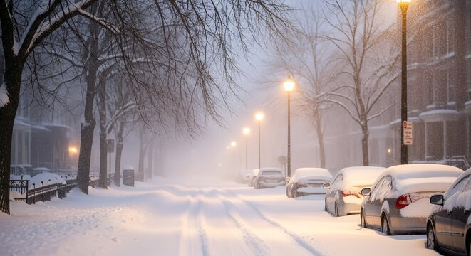 Tranquil snowfall blankets quiet neighborhood street on a winter evening