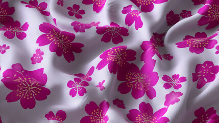 Close-up of white fabric with vibrant pink cherry blossom floral pattern and soft flowing folds in natural light.