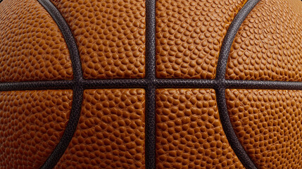 Close-up macro of textured basketball surface showing detailed orange pebbled leather and black seams.