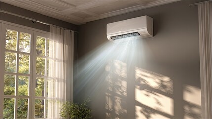 A modern air conditioning unit mounted on a wall emits cool air, with natural light filtering through curtains and casting shadows in a stylish interior.