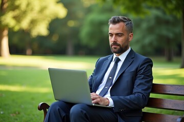 Businessman in Suit and Tie Video Conferencing Outdoors in Park on Sunny Day