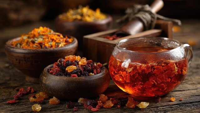 Assorted dried fruits and a glass teacup filled with tea on a rustic wooden table. Concept Rustic wooden table with a glass teacup and assorted dried fruits, Warm tones, earthy textures
