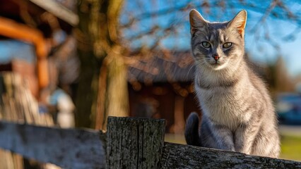 A gray cat sits on a weathered wooden fence post in a sunlit yard, gazing at the camera with a blurred background. Concept Gray cat on fence post, Weathered wooden fence, Sunlit yard